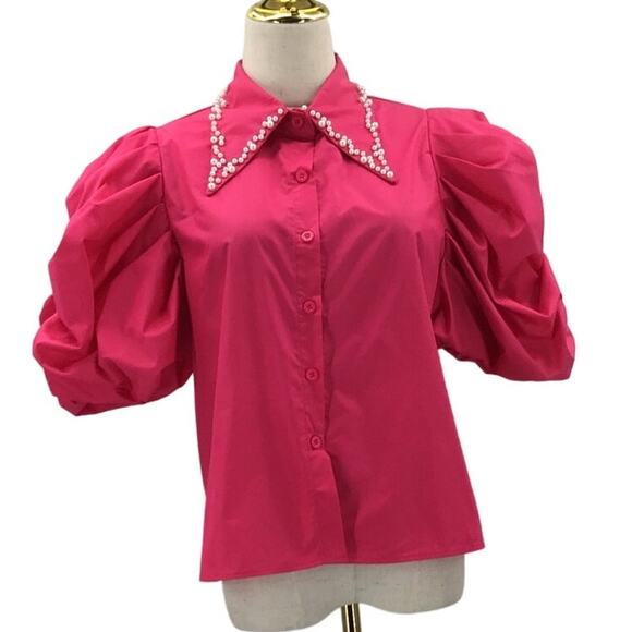 CRETA SZ S Pink Short Puff Sleeves Beaded Collared Button-Up Shirt NWT B78 - Picture 1 of 6